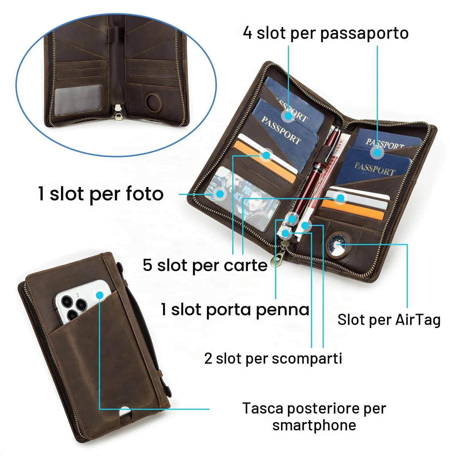 CONTACTS Pochette da Viaggio in Pelle da Uomo, Portafoglio Organizzatore con 2 Cerniere, Spazio per 4 Passaporti e Biglietti da Visita, Borsa a Mano con Tracolla - immagine 5