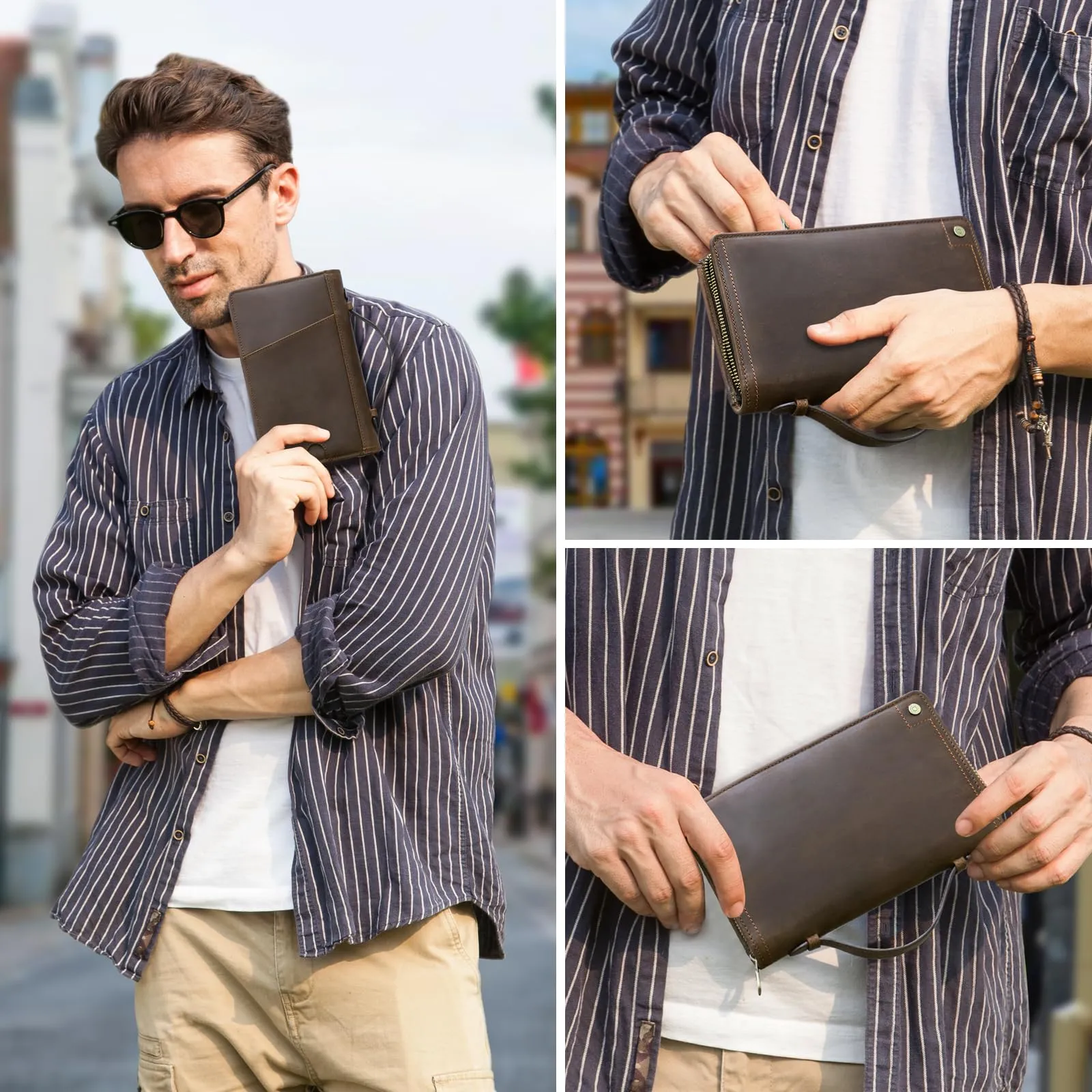 CONTACTS Pochette da Viaggio in Pelle da Uomo, Portafoglio Organizzatore con 2 Cerniere, Spazio per 4 Passaporti e Biglietti da Visita, Borsa a Mano con Tracolla - immagine 7