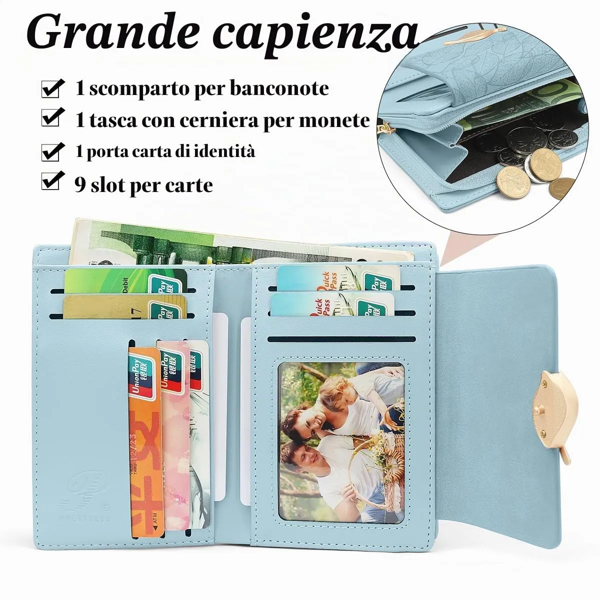 REETEE Portafoglio Donna in Pelle PU Slim Formato Corto con Cerniera e 10 Porta Carte, X-blu - immagine 3