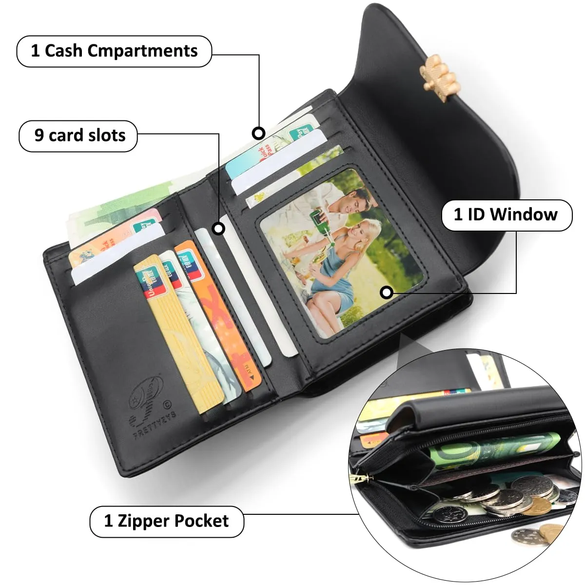 REETEE Portafoglio Donna in Pelle PU Slim Formato Corto con Cerniera e 10 Porta Carte, Nero - immagine 2