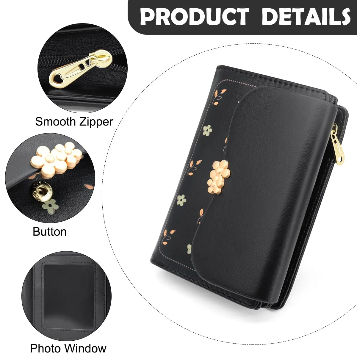 REETEE Portafoglio Donna in Pelle PU Slim Formato Corto con Cerniera e 10 Porta Carte, Nero - immagine 3