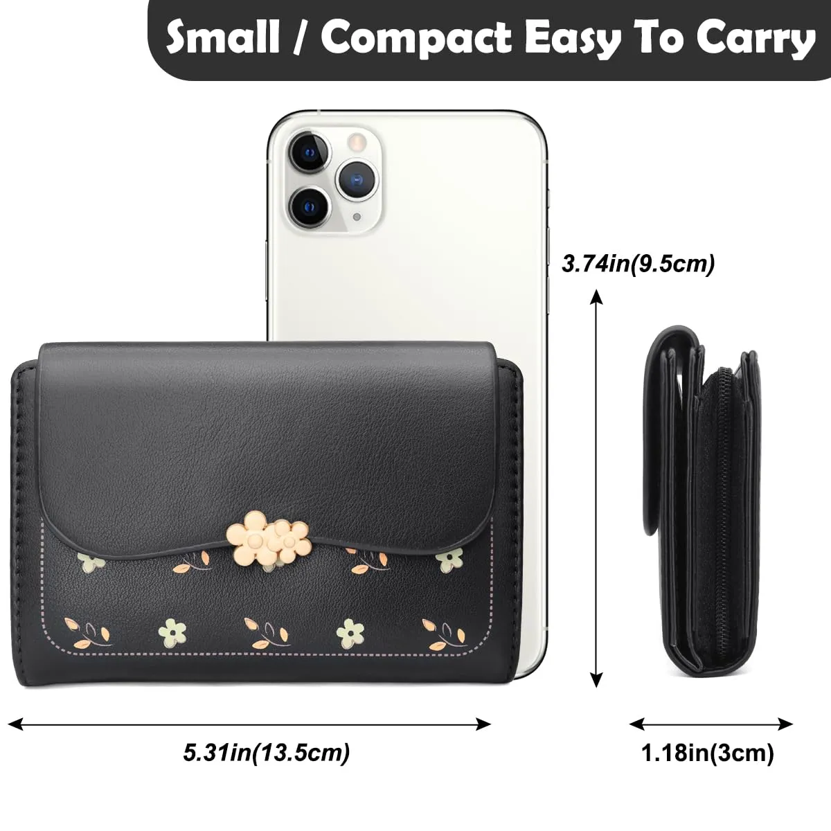 REETEE Portafoglio Donna in Pelle PU Slim Formato Corto con Cerniera e 10 Porta Carte, Nero - immagine 4