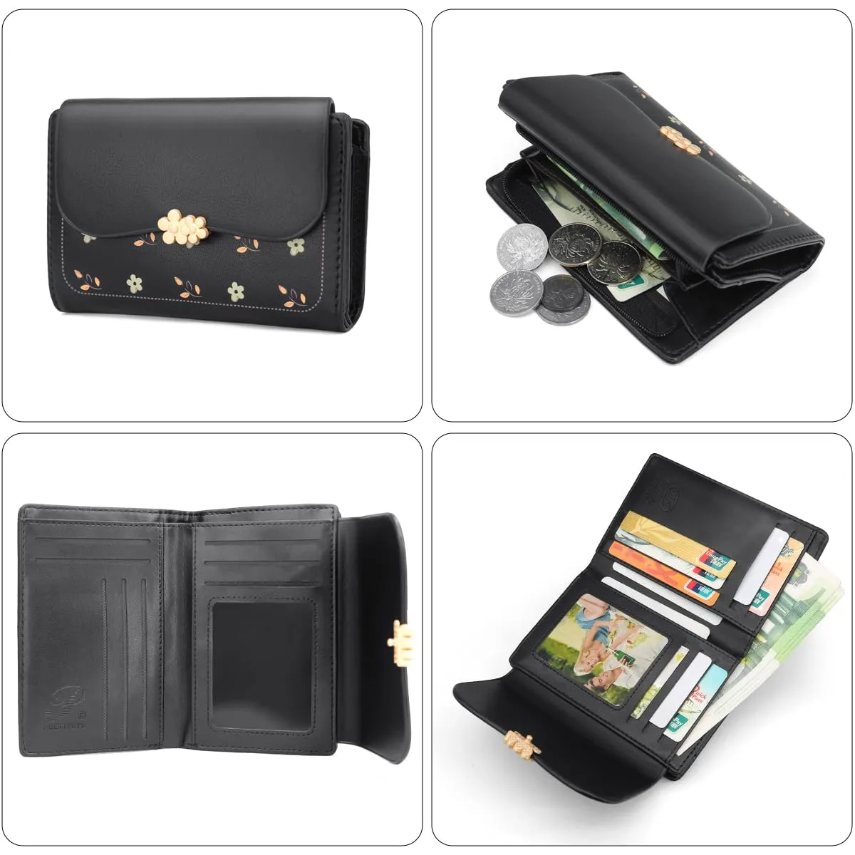 REETEE Portafoglio Donna in Pelle PU Slim Formato Corto con Cerniera e 10 Porta Carte, Nero - immagine 5