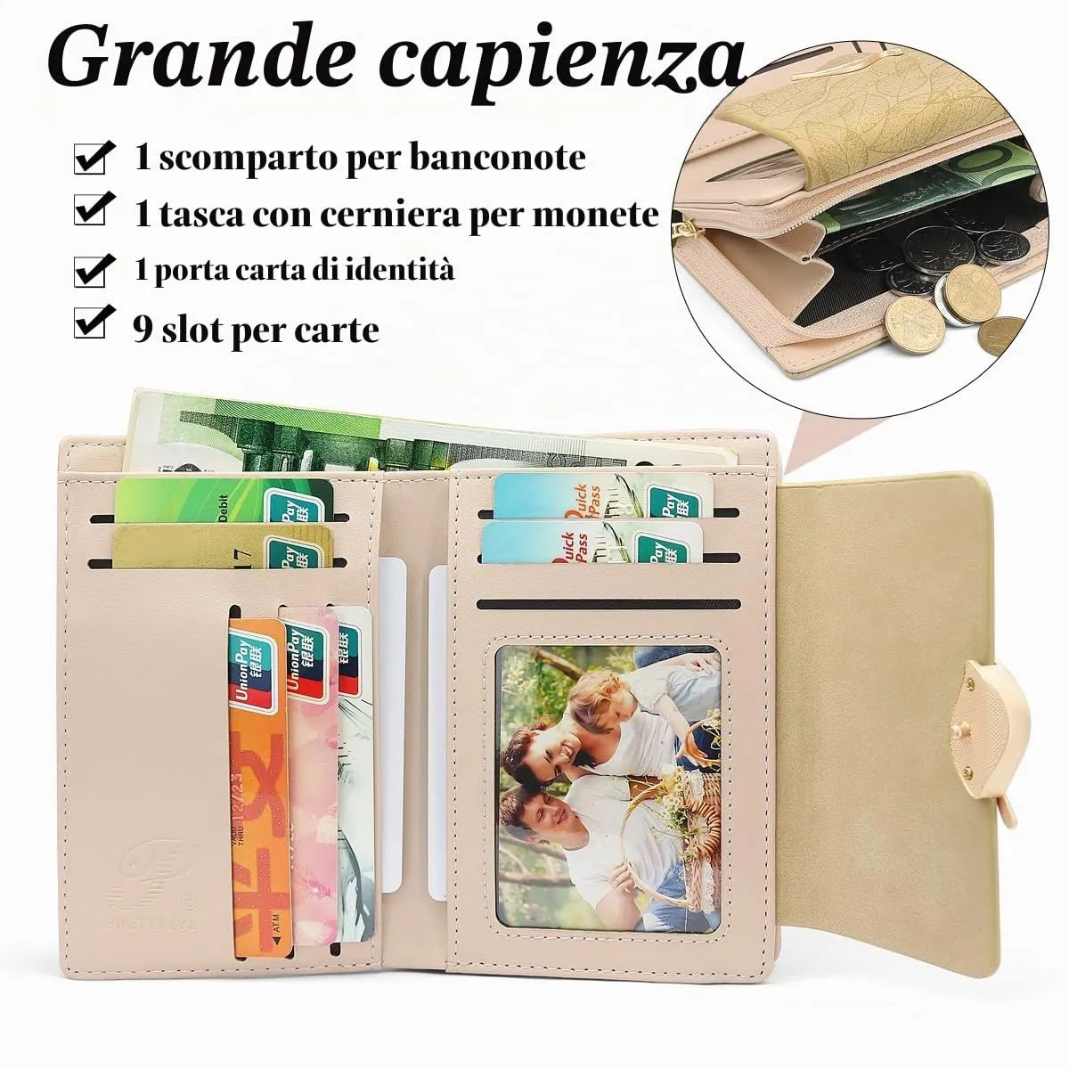 REETEE Portafoglio Donna in Pelle PU Slim con Cerniera e 10 Porta Carte (X-Albicocca) - immagine 3