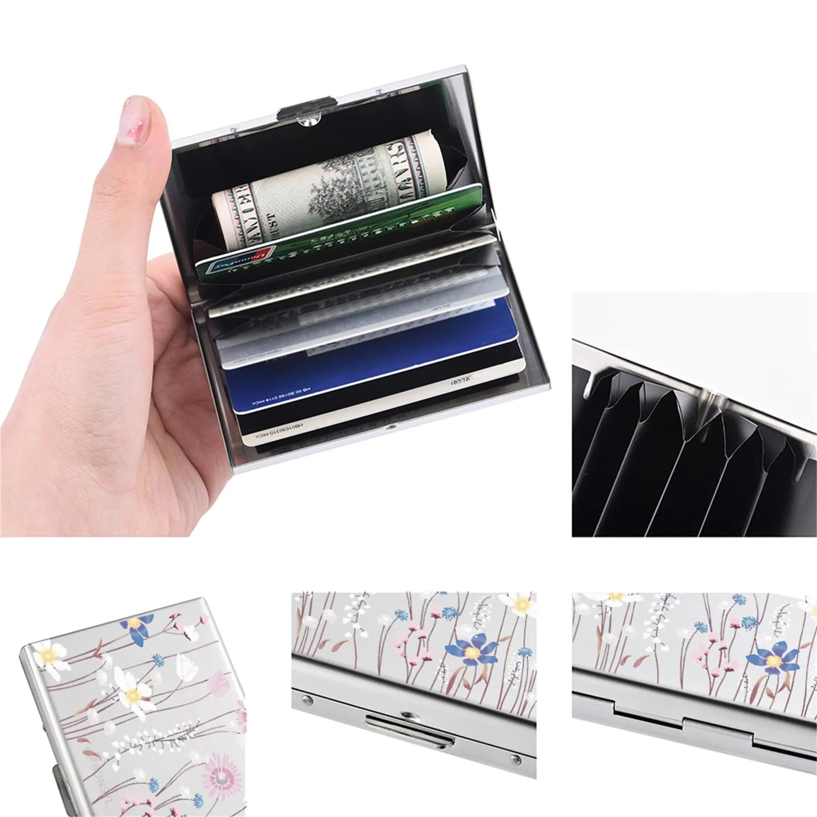 BONSYL Porta Carte di Credito in Acciaio Inossidabile con Blocco RFID, Argento, Fiore - immagine 3