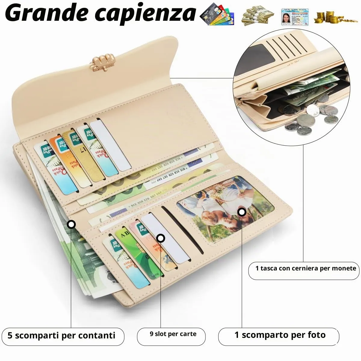 REETEE Portafoglio Donna in Pelle PU Formato Lungo con Cerniera e 10 Porta Carte - L-Albicocca - immagine 2