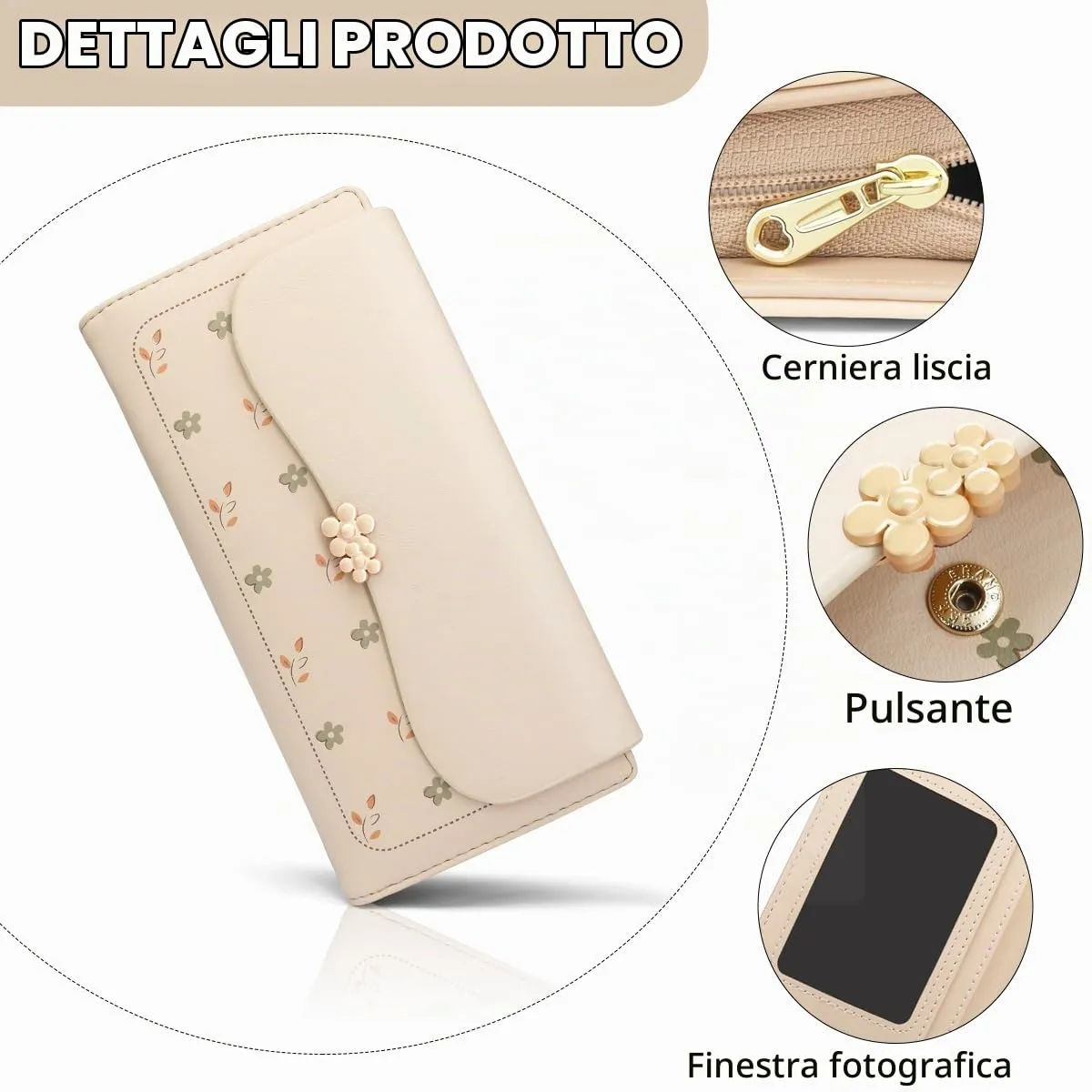 REETEE Portafoglio Donna in Pelle PU Formato Lungo con Cerniera e 10 Porta Carte - L-Albicocca - immagine 3