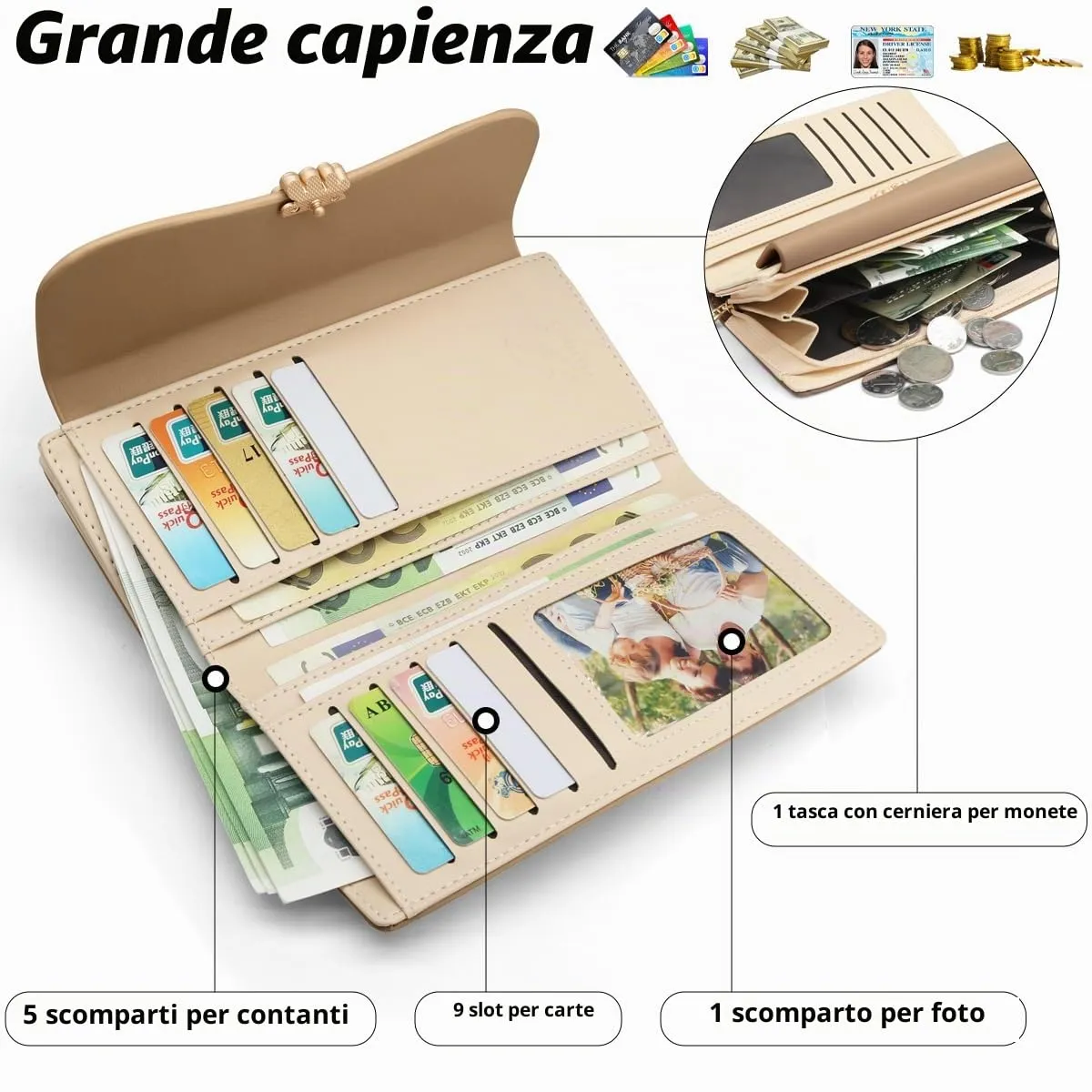 REETEE Portafoglio Donna in Pelle PU Formato Lungo con Cerniera, 10 Porta Carte (L-marrone) - immagine 2