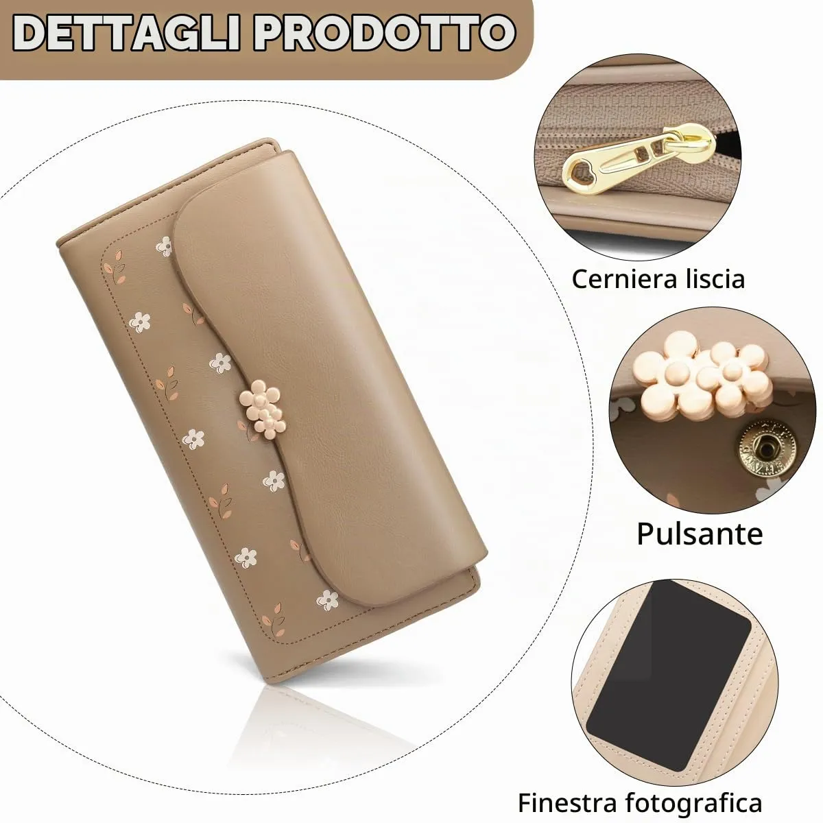 REETEE Portafoglio Donna in Pelle PU Formato Lungo con Cerniera, 10 Porta Carte (L-marrone) - immagine 3