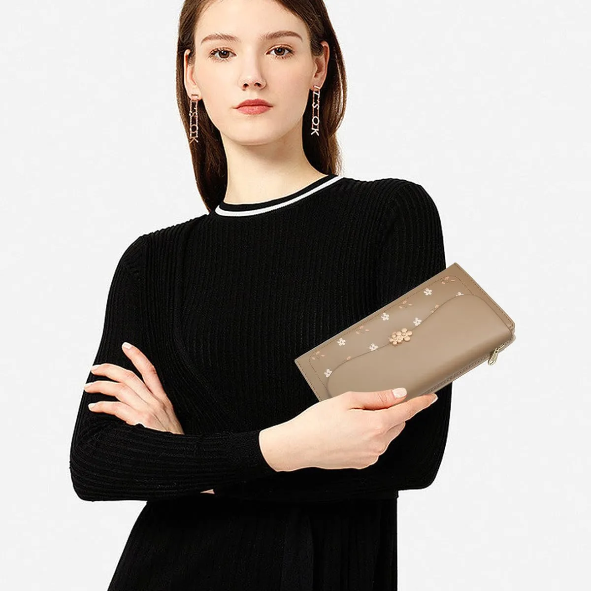 REETEE Portafoglio Donna in Pelle PU Formato Lungo con Cerniera, 10 Porta Carte (L-marrone) - immagine 6