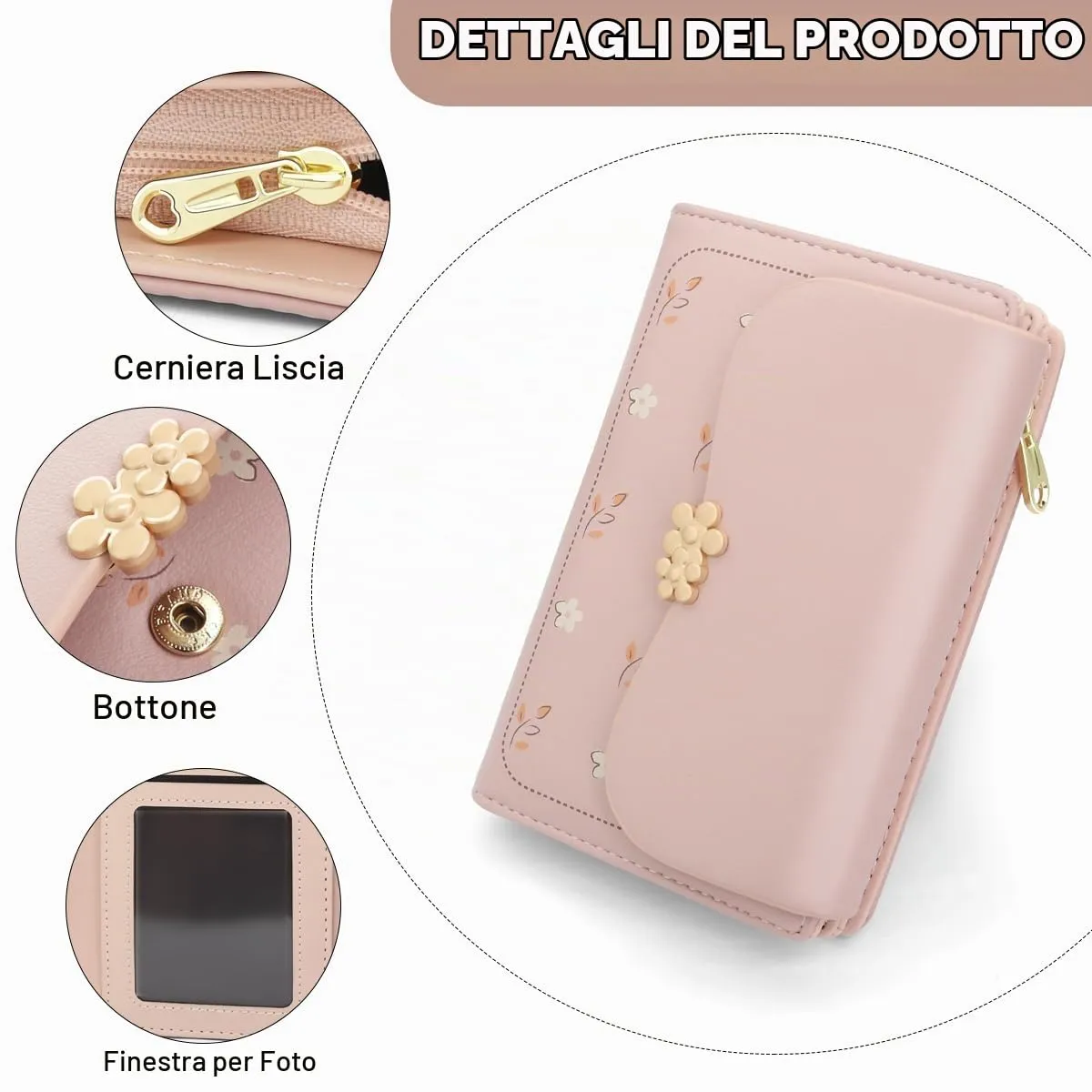 REETEE Portafoglio Donna in Pelle PU Slim con Cerniera e 10 Porta Carte, Rosa - immagine 3