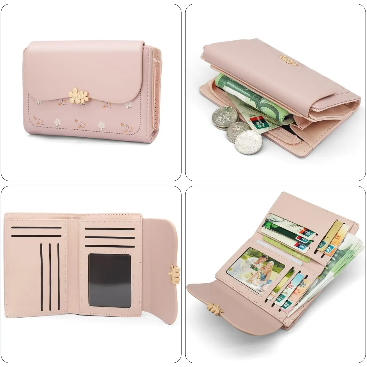 REETEE Portafoglio Donna in Pelle PU Slim con Cerniera e 10 Porta Carte, Rosa - immagine 5