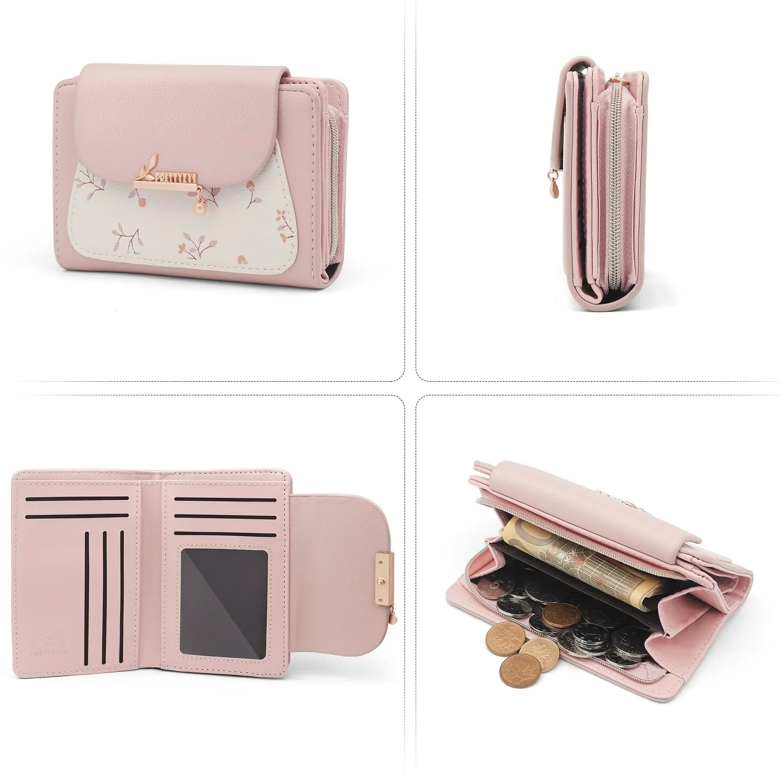 REETEE Portafoglio Donna in Pelle PU Slim Formato Corto con Cerniera Portamonete e 10 Slot Carte (A-rosa) - immagine 5