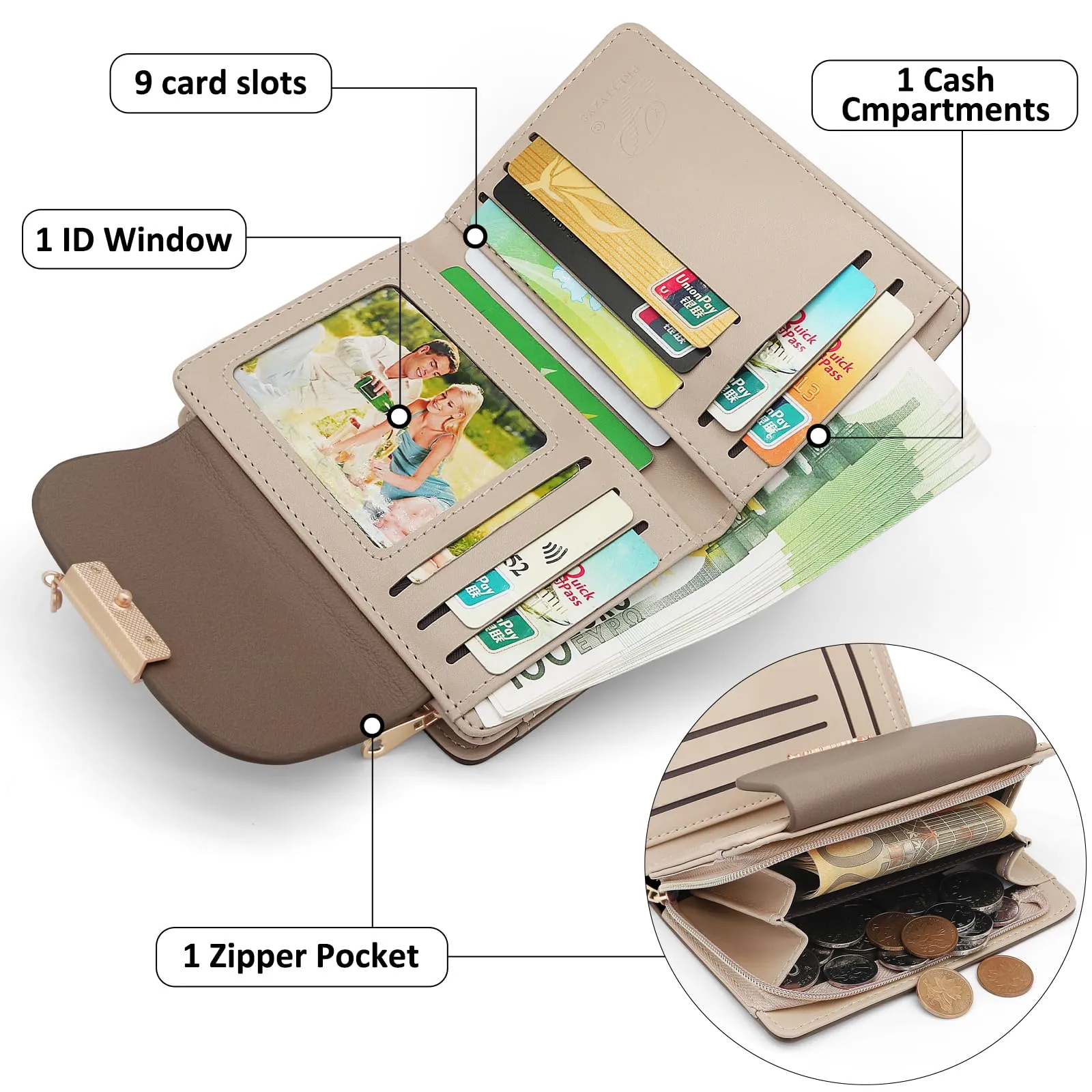 REETEE Portafoglio Donna in Pelle PU Slim Formato Corto con Cerniera Portamonete e 10 Porta Carte (A-marrone) - immagine 3