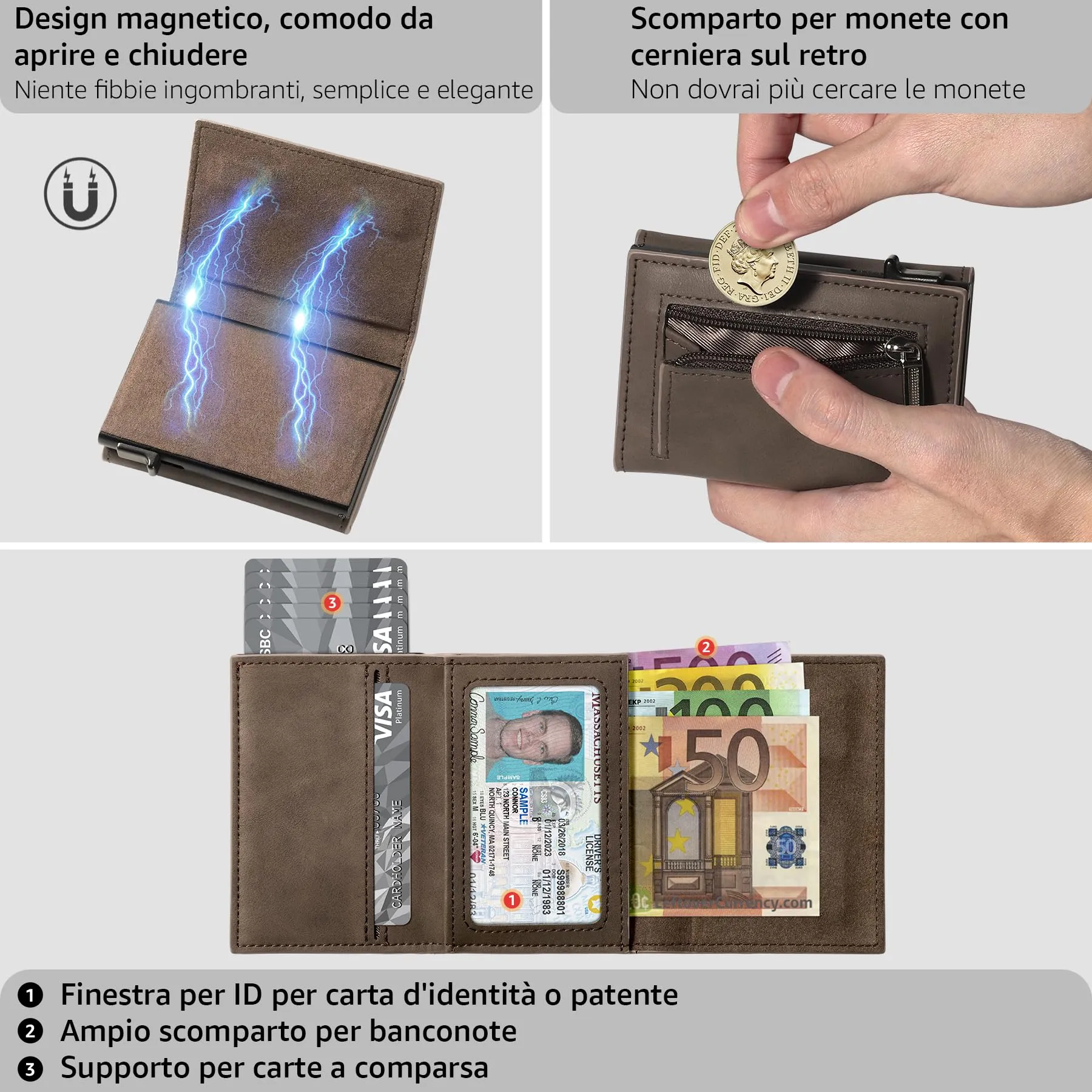 Tomylv Portafoglio Uomo Slim RFID Magnetico - Marrone - immagine 2