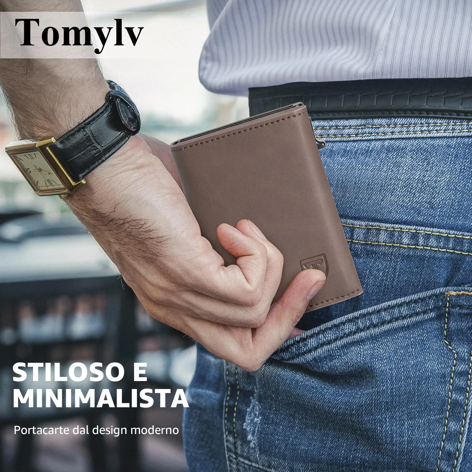 Tomylv Portafoglio Uomo Slim RFID Magnetico - Marrone - immagine 6