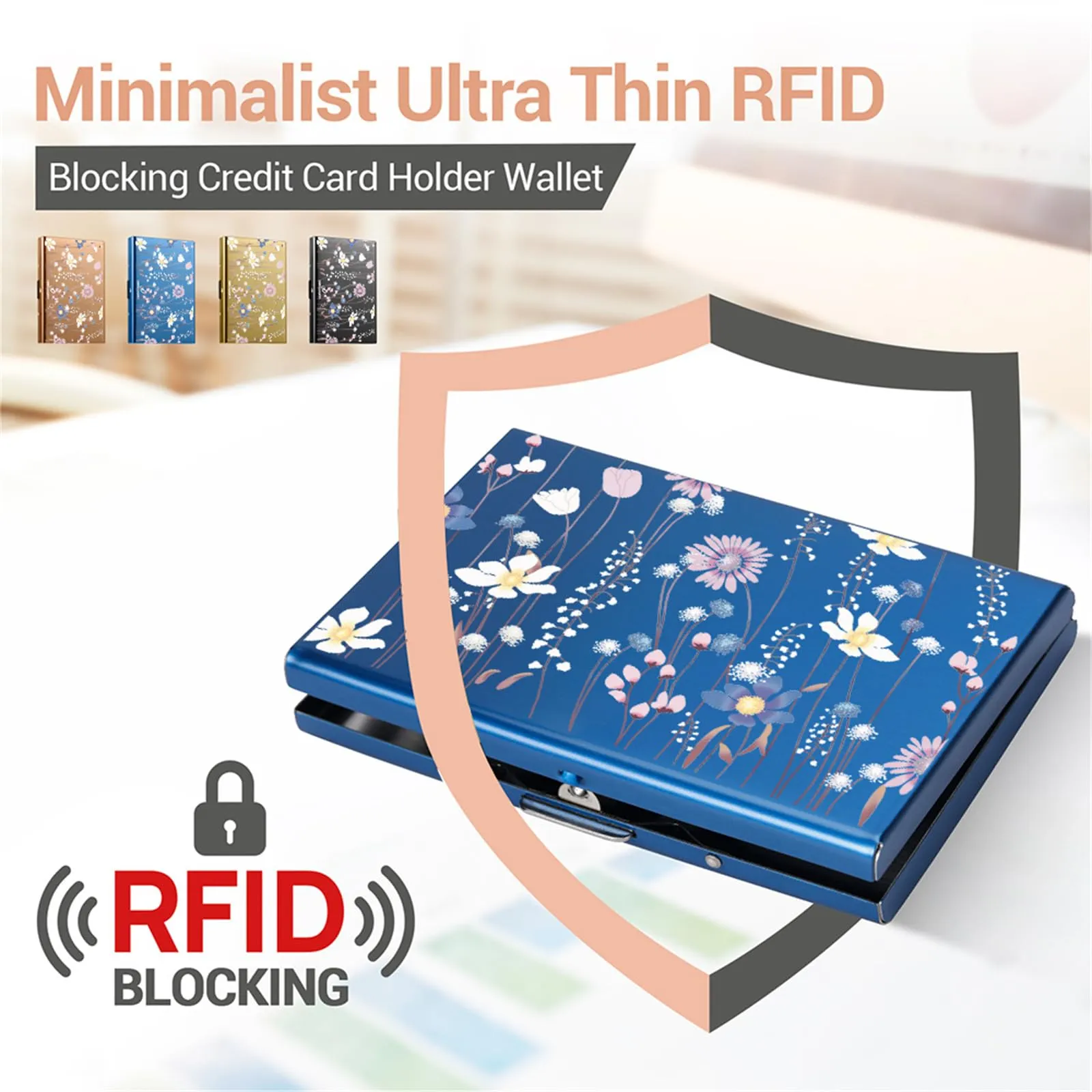 BONSYL Porta Carte di Credito in Metallo con Protezione RFID, 6 Scomparti, Blu Fiore - immagine 2