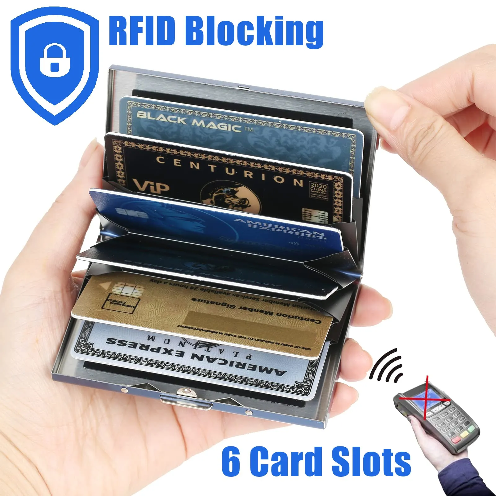 BONSYL Porta Carte di Credito in Metallo con Protezione RFID, 6 Scomparti, Blu Fiore - immagine 3