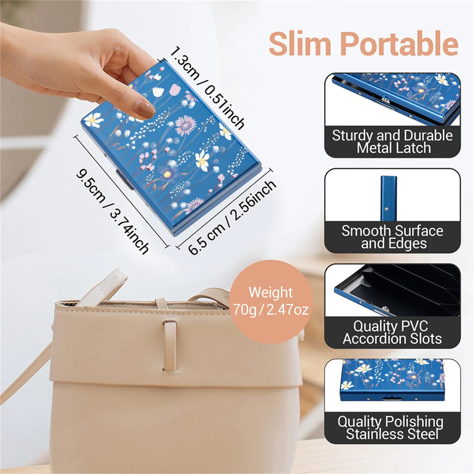 BONSYL Porta Carte di Credito in Metallo con Protezione RFID, 6 Scomparti, Blu Fiore - immagine 5