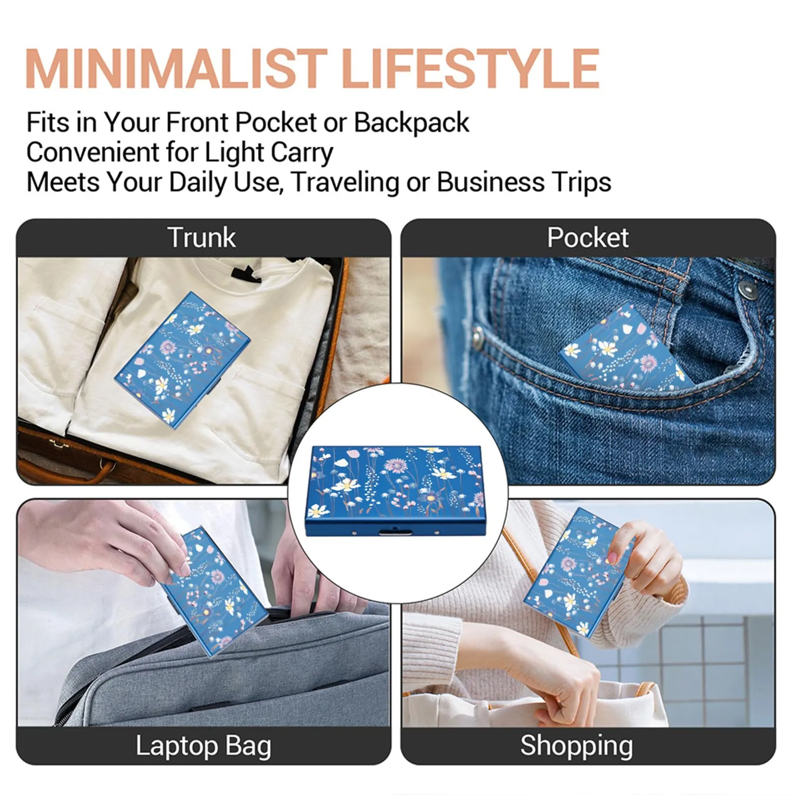 BONSYL Porta Carte di Credito in Metallo con Protezione RFID, 6 Scomparti, Blu Fiore - immagine 7