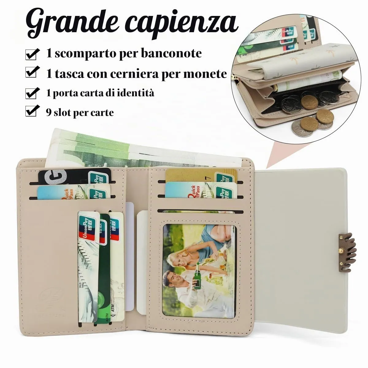 REETEE Portafoglio Donna in Pelle PU Slim con Cerniera e 10 Porta Carte - Z-marrone - immagine 3