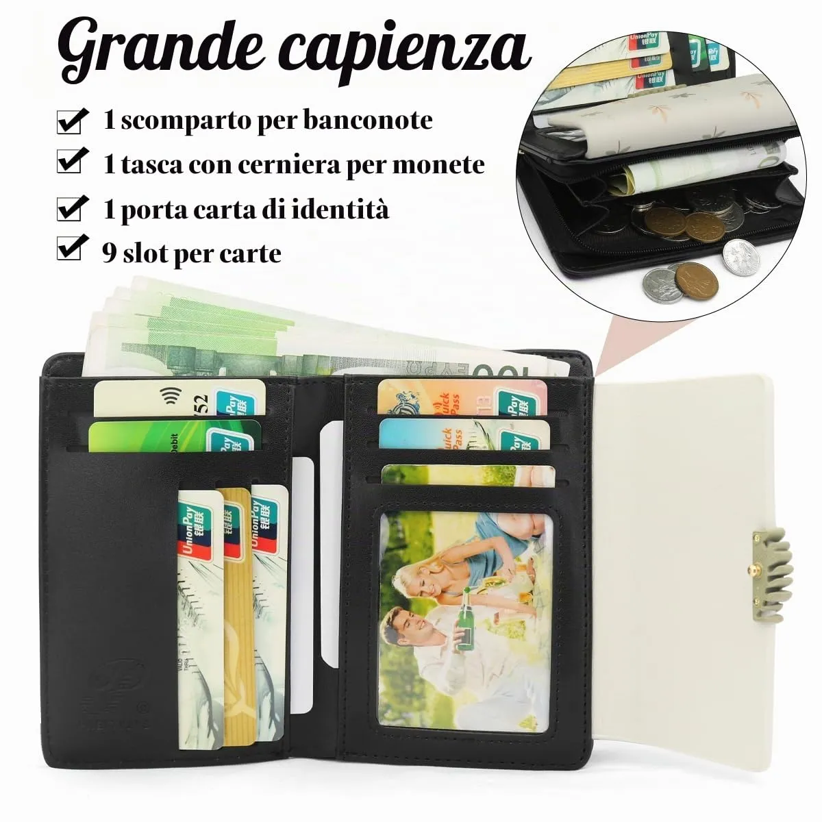 REETEE Portafoglio Donna in Pelle PU Slim Formato Corto con Cerniera e 10 Porta Carte, Nero - immagine 3