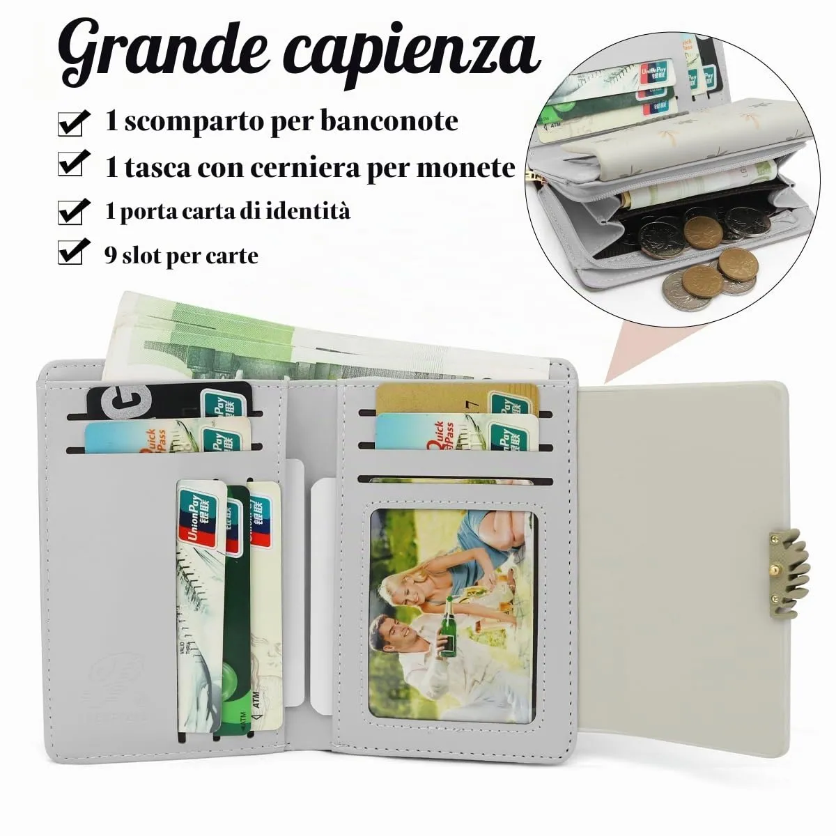 REETEE Portafoglio Donna in Pelle PU Slim Formato Corto con Cerniera e 10 Porta Carte (Z-grigio) - immagine 3