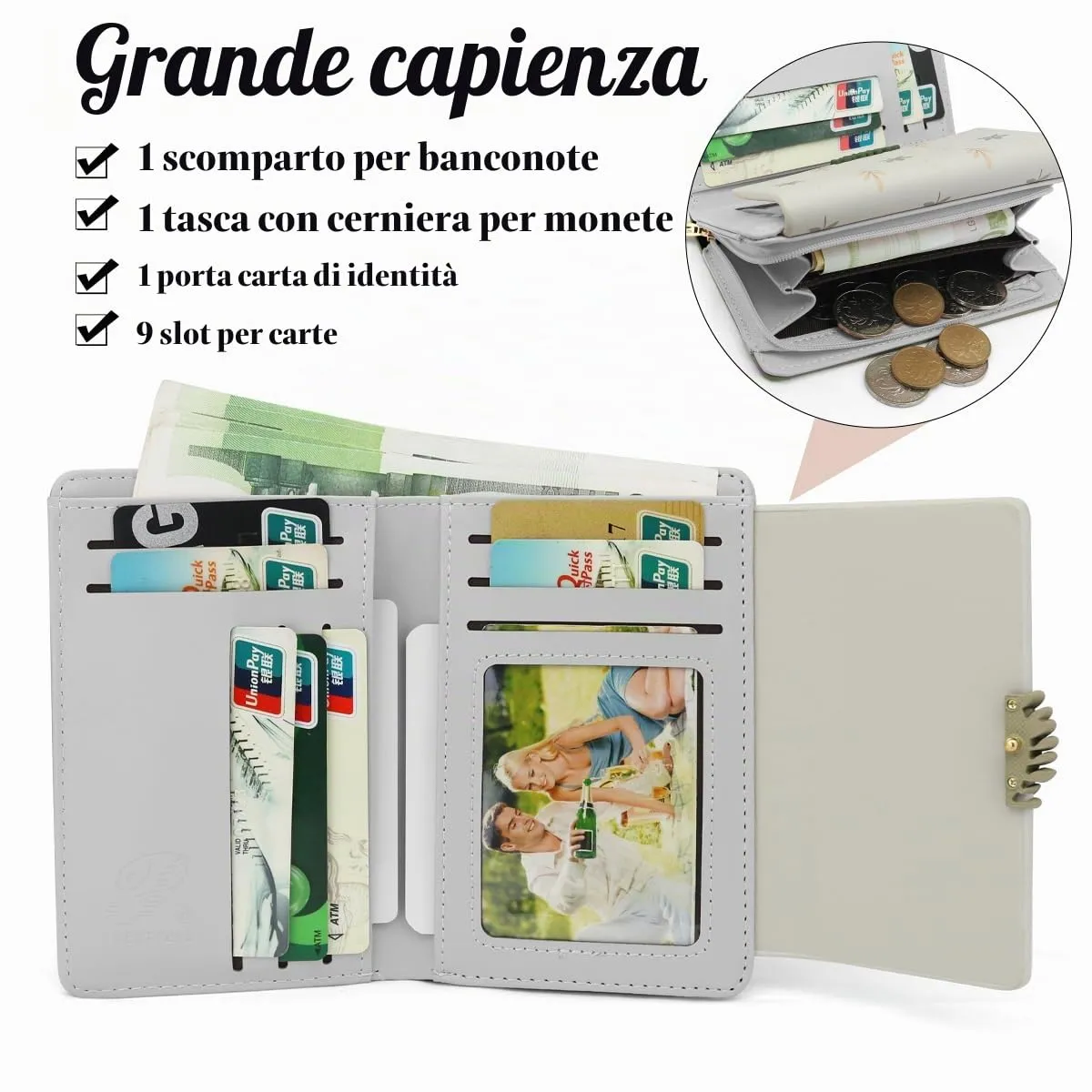 REETEE Portafoglio Donna in Pelle PU Slim Formato Corto con Cerniera e 10 Porta Carte - Z-verde - immagine 3