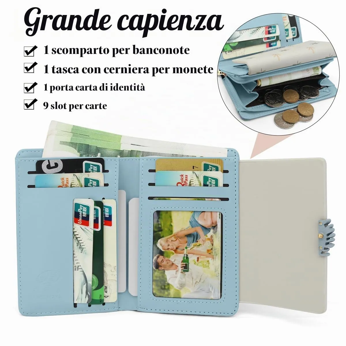 REETEE Portafoglio Donna in Pelle PU Slim con Cerniera e 10 Porta Carte, Z-blu - immagine 3