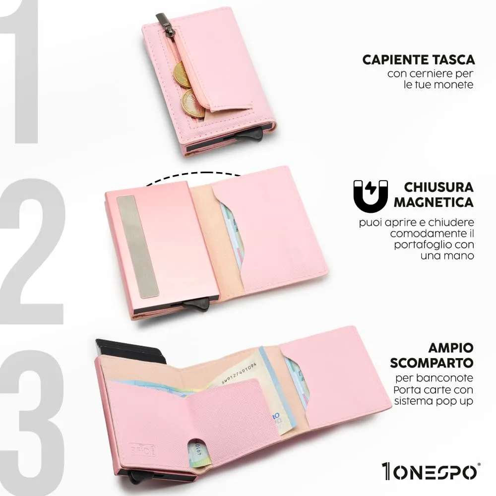 1ONESPO Portafoglio Donna in Vera Pelle Saffiano con Protezione RFID, Rosa - immagine 3