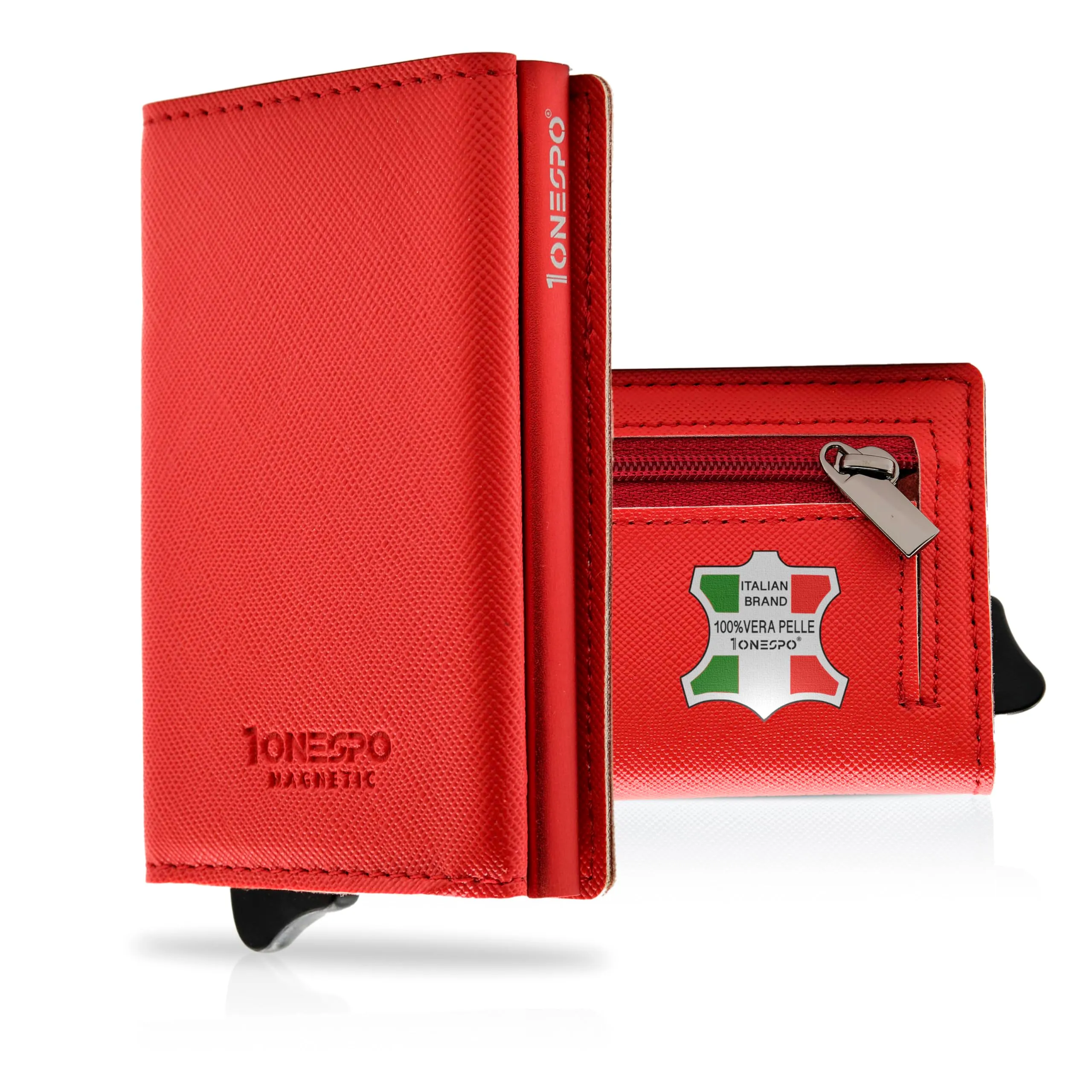 1ONESPO Portafoglio Uomo in Vera Pelle Saffiano Rosso, Porta Carte di Credito con Protezione RFID e Portamonete - immagine 1