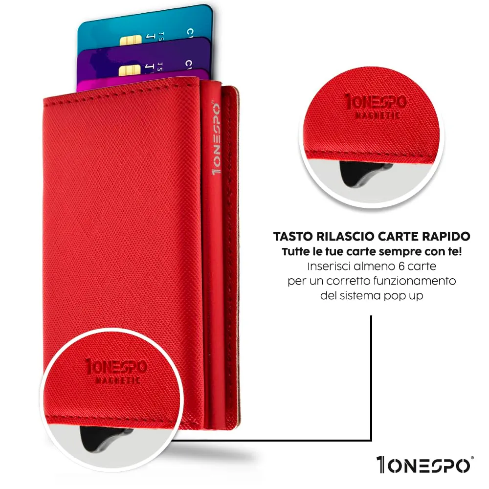 1ONESPO Portafoglio Uomo in Vera Pelle Saffiano Rosso, Porta Carte di Credito con Protezione RFID e Portamonete - immagine 2