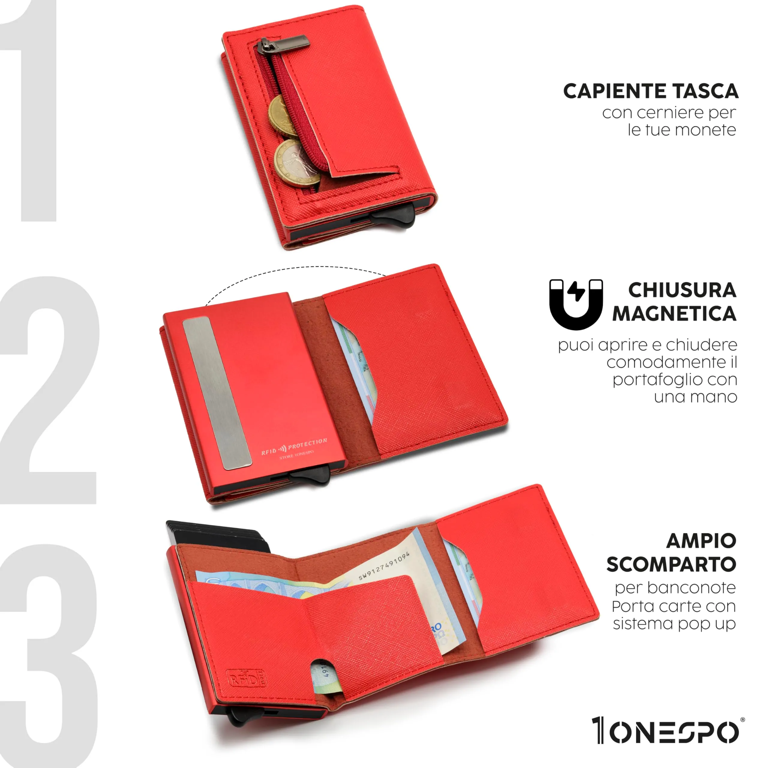 1ONESPO Portafoglio Uomo in Vera Pelle Saffiano Rosso, Porta Carte di Credito con Protezione RFID e Portamonete - immagine 3