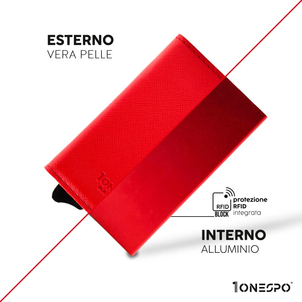 1ONESPO Portafoglio Uomo in Vera Pelle Saffiano Rosso, Porta Carte di Credito con Protezione RFID e Portamonete - immagine 4