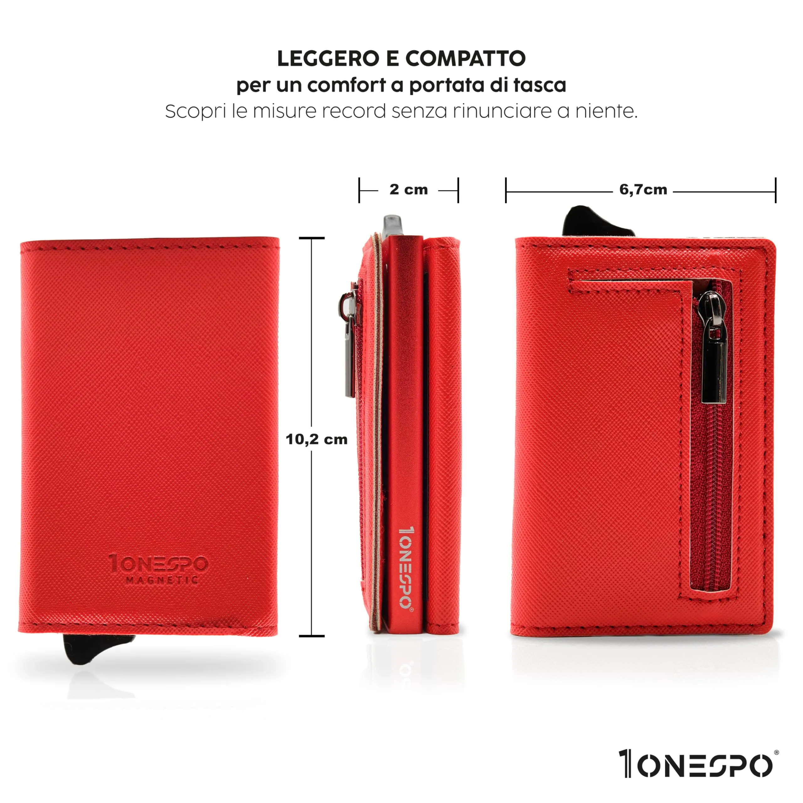 1ONESPO Portafoglio Uomo in Vera Pelle Saffiano Rosso, Porta Carte di Credito con Protezione RFID e Portamonete - immagine 5