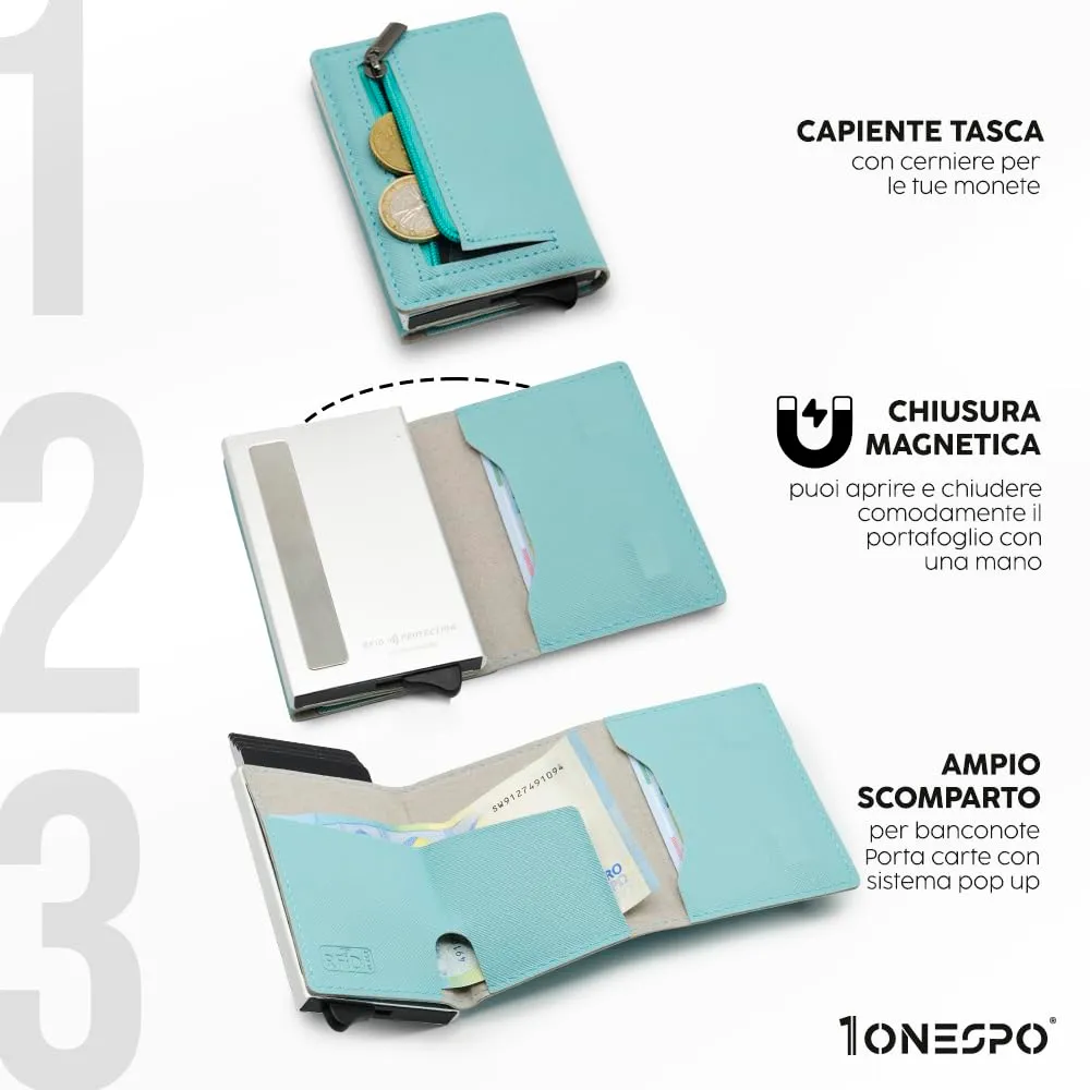 1ONESPO Magnetic Portafoglio Donna con Portamonete e Protezione RFID, Acqua Marina Saffiano - immagine 3