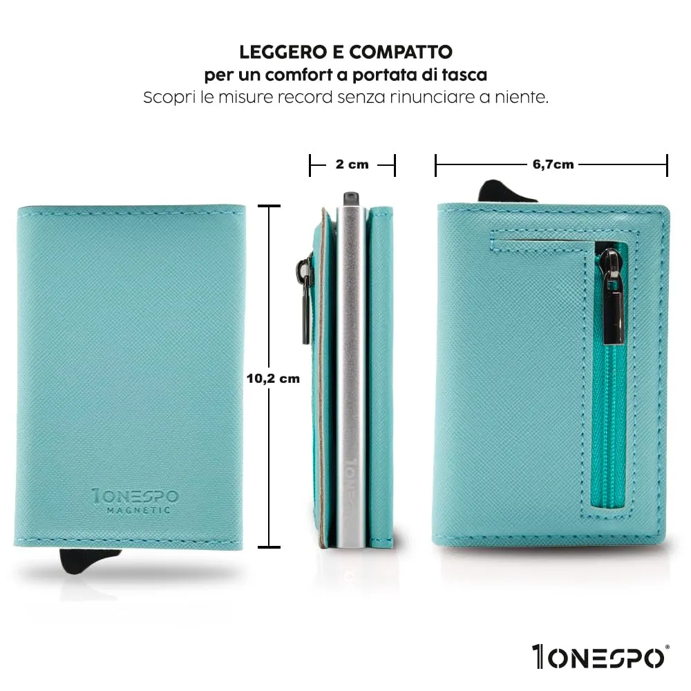 1ONESPO Magnetic Portafoglio Donna con Portamonete e Protezione RFID, Acqua Marina Saffiano - immagine 5