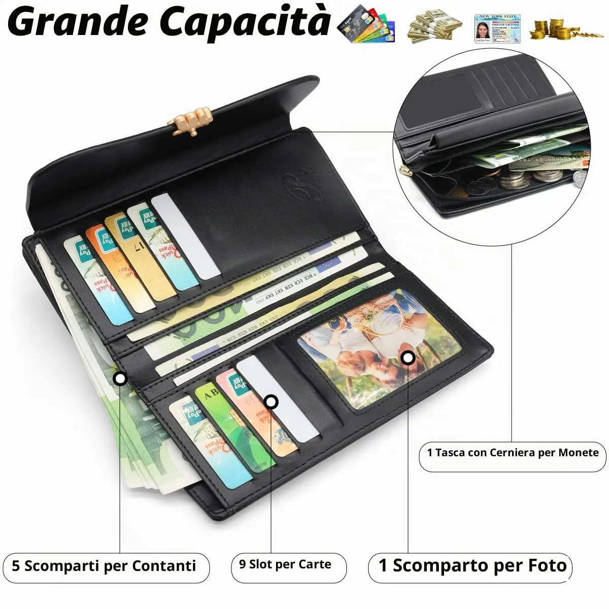 REETEE Portafoglio Donna in Pelle PU Formato Lungo con Cerniera e 10 Porta Carte, L-nero - immagine 2