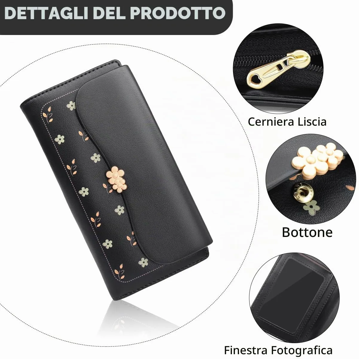 REETEE Portafoglio Donna in Pelle PU Formato Lungo con Cerniera e 10 Porta Carte, L-nero - immagine 3