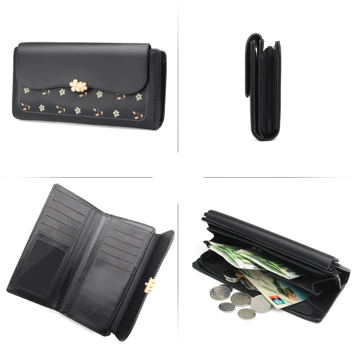 REETEE Portafoglio Donna in Pelle PU Formato Lungo con Cerniera e 10 Porta Carte, L-nero - immagine 5