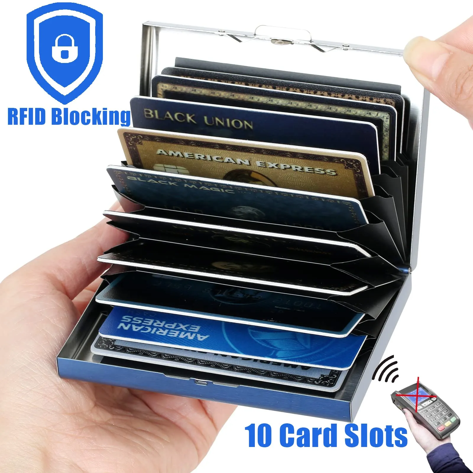 BONSYL Porta Carte di Credito in Metallo con Protezione RFID, 10 Scomparti, Blu/Fiore - immagine 2