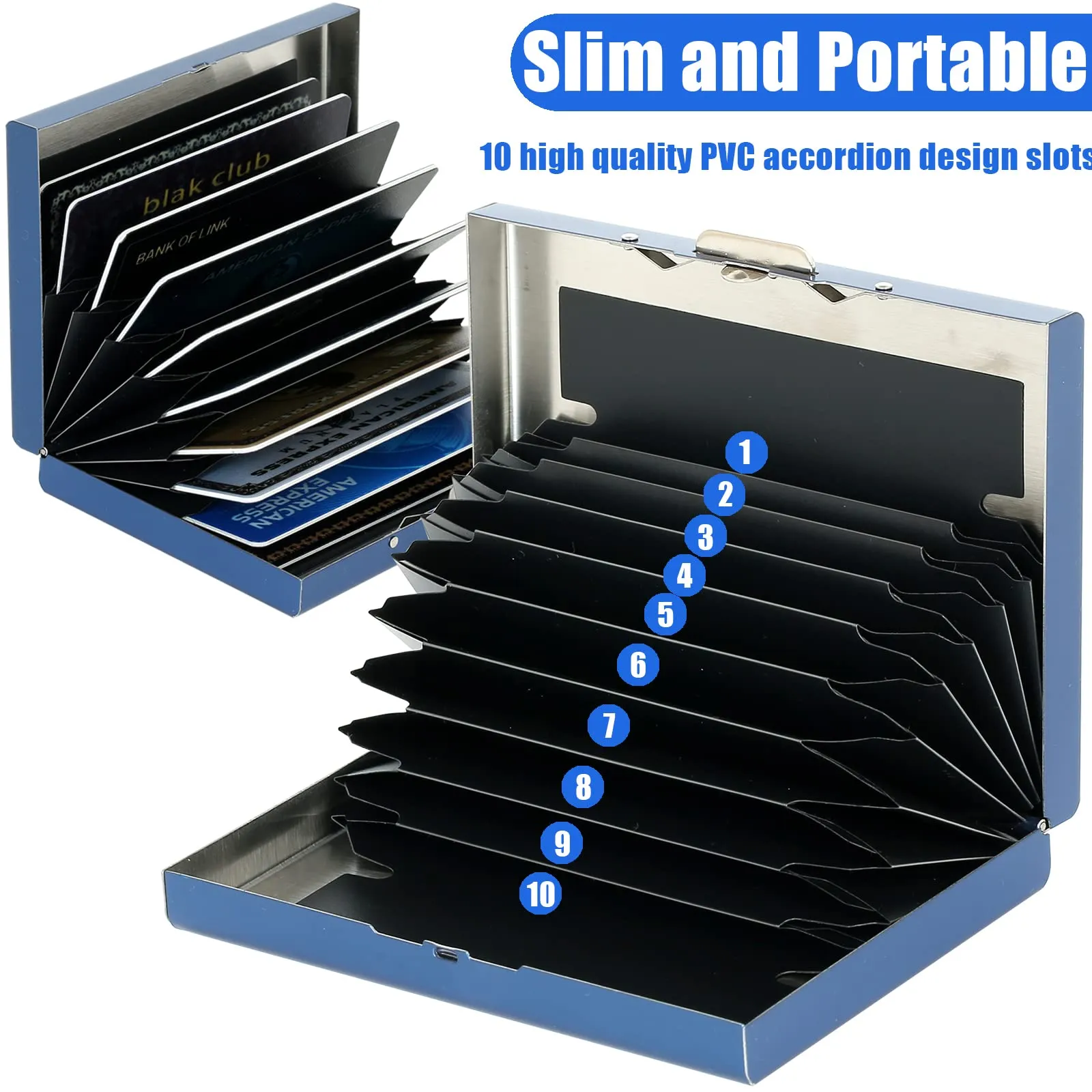 BONSYL Porta Carte di Credito in Metallo con Protezione RFID, 10 Scomparti, Blu/Fiore - immagine 3