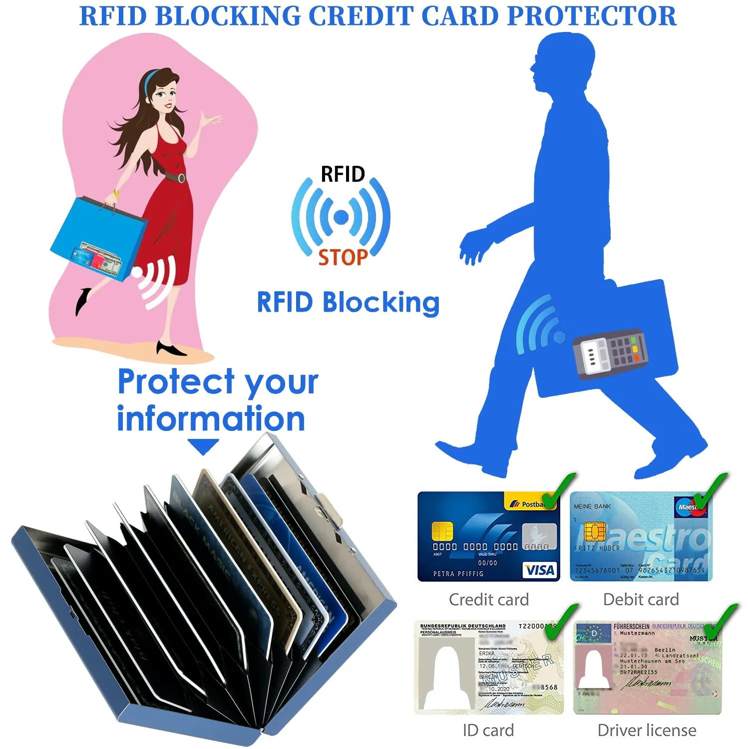 BONSYL Porta Carte di Credito in Metallo con Protezione RFID, 10 Scomparti, Blu/Fiore - immagine 5