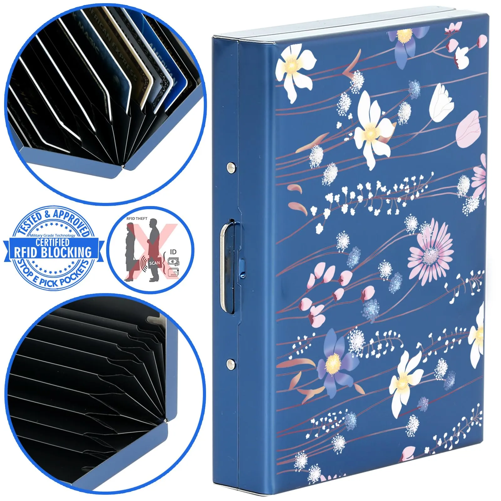 BONSYL Porta Carte di Credito in Metallo con Protezione RFID, 10 Scomparti, Blu/Fiore - immagine 6