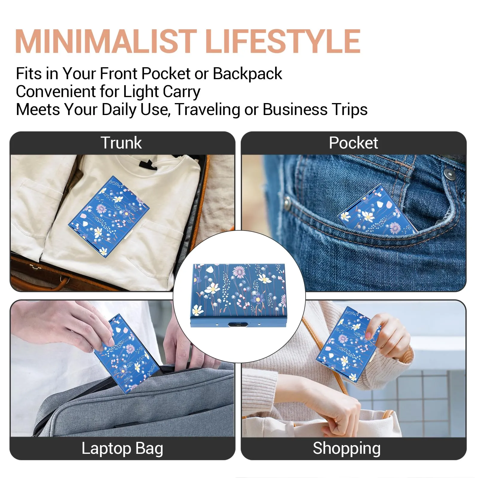 BONSYL Porta Carte di Credito in Metallo con Protezione RFID, 10 Scomparti, Blu/Fiore - immagine 7