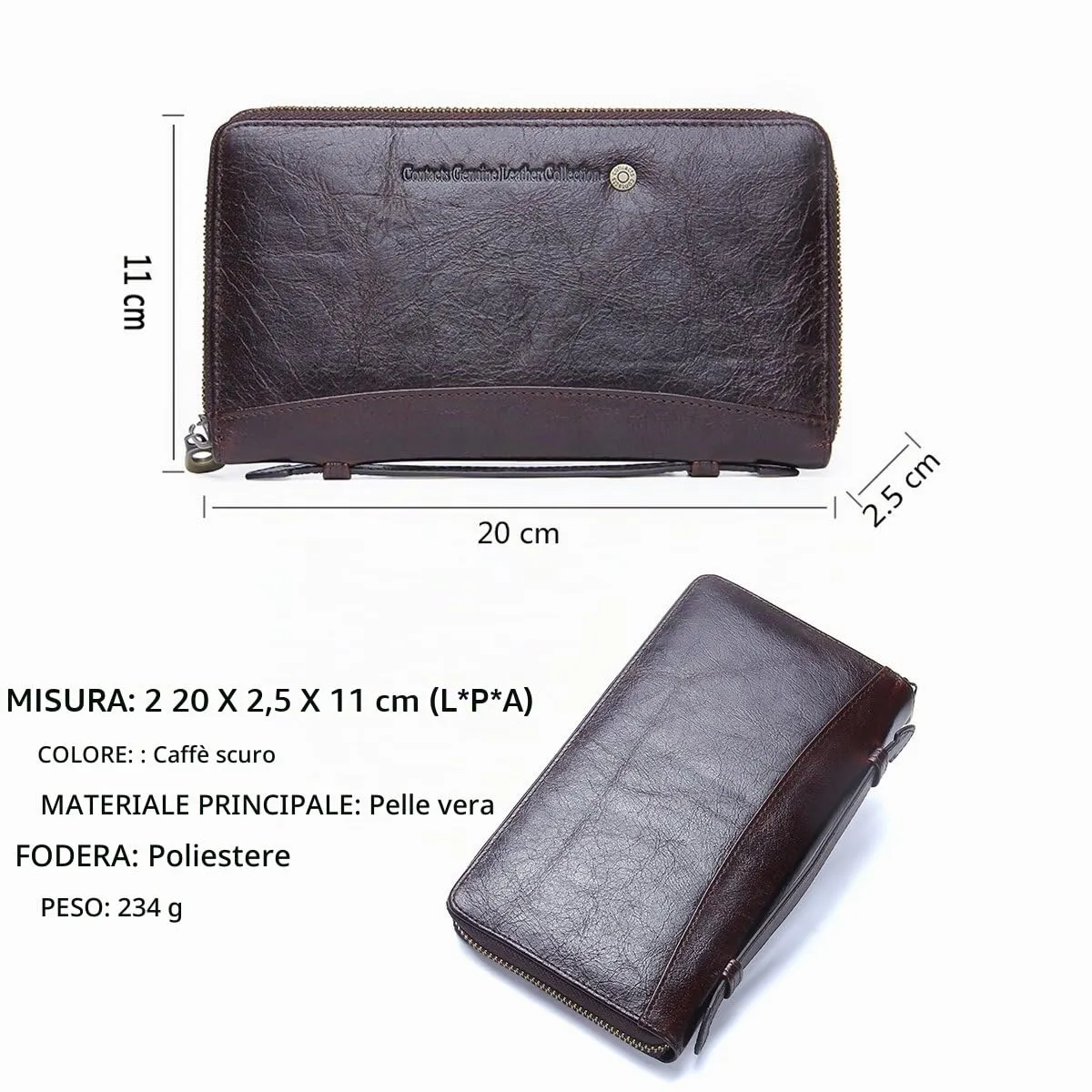 CONTACTS Pochette in pelle per Uomo, Portafoglio Borsa con Cerniera e Cinturino da polso, Caffè, Taglia unica - immagine 4