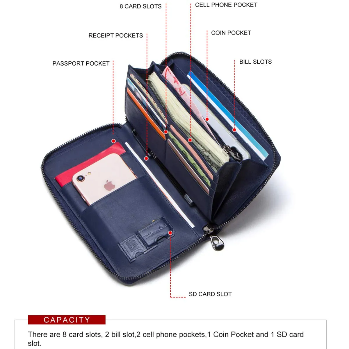 CONTACTS Portafoglio Pochette in Pelle da Polso per Uomo con Cerniera, Blu - immagine 4