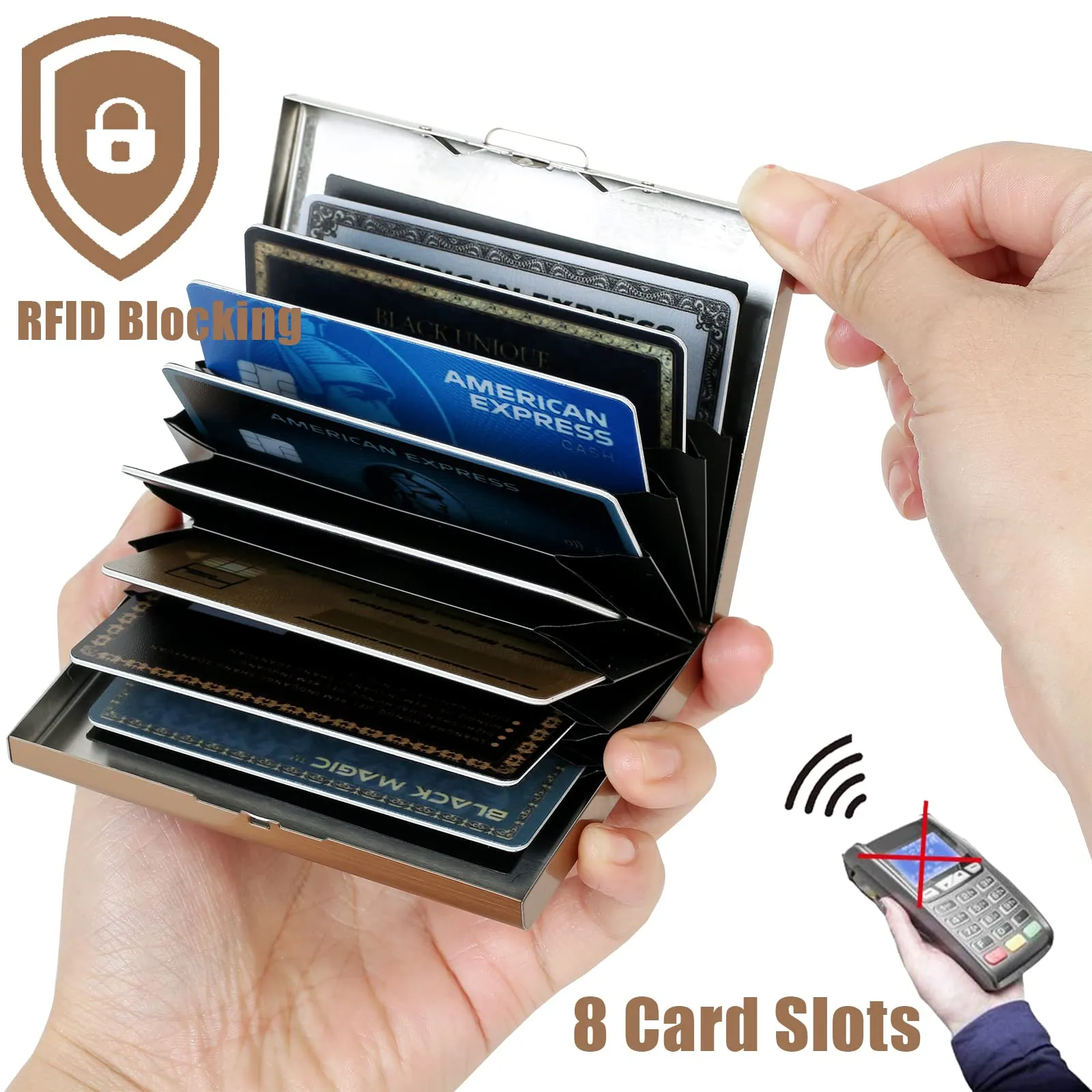 BONSYL Porta Carte di Credito in Metallo con Blocco RFID, Portafoglio Ultra Sottile con 8 Fessure, Oro Rosa - immagine 2