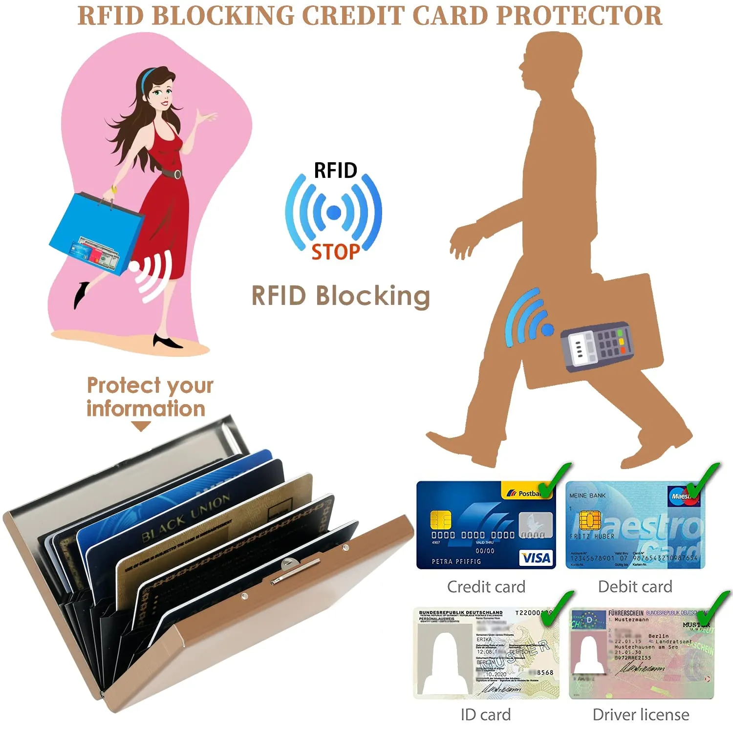 BONSYL Porta Carte di Credito in Metallo con Blocco RFID, Portafoglio Ultra Sottile con 8 Fessure, Oro Rosa - immagine 5