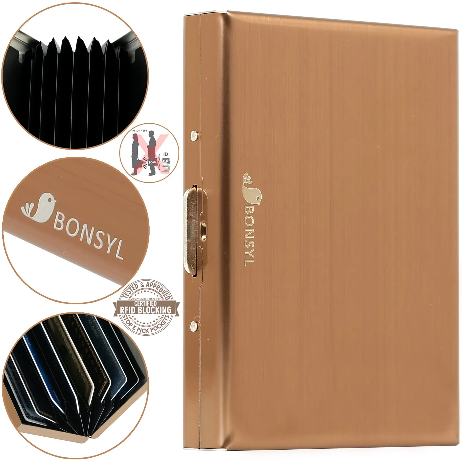 BONSYL Porta Carte di Credito in Metallo con Blocco RFID, Portafoglio Ultra Sottile con 8 Fessure, Oro Rosa - immagine 6